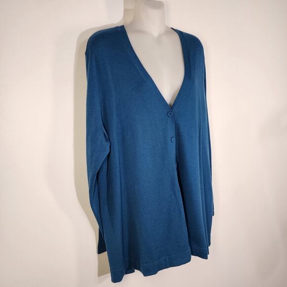 J. Jill Women’s Cardigan Sweater Large Wool Blend Teal V Neck Three Button Knit - Picture 4 of 10
